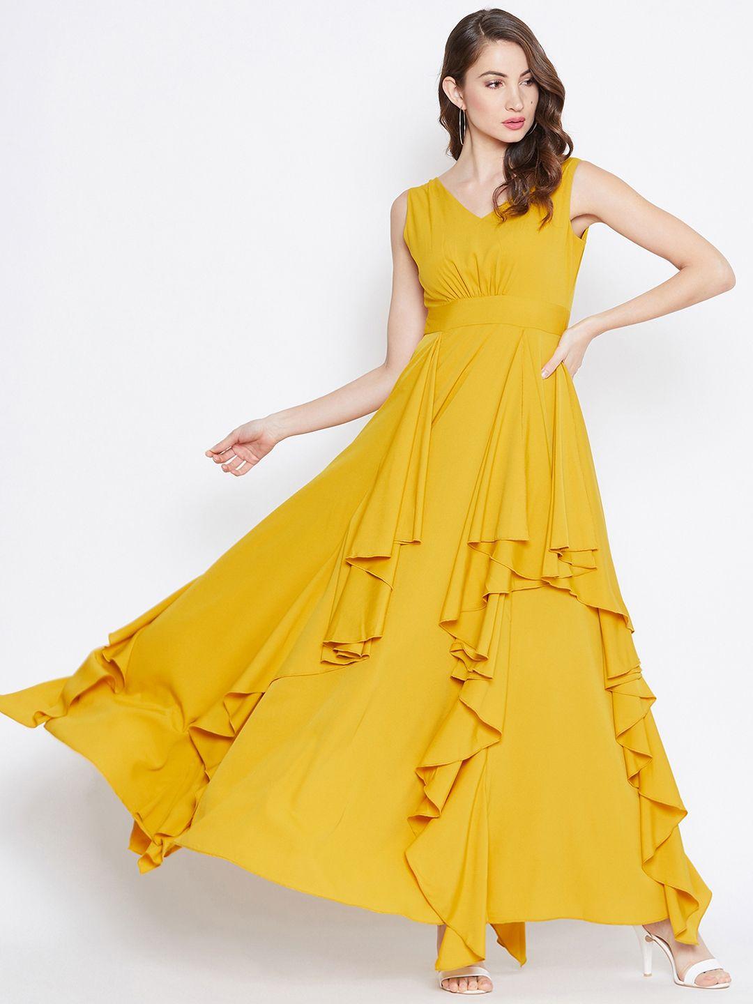 berrylush women mustard yellow solid ruffled maxi dress