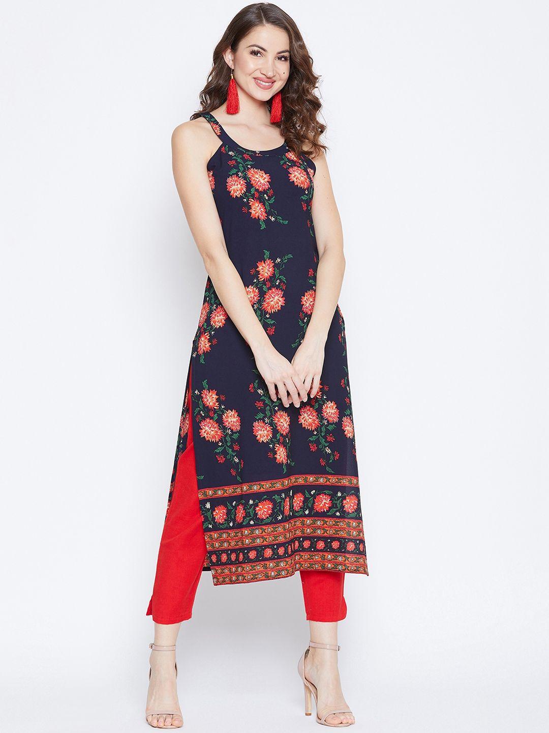 berrylush women navy blue & orange floral print straight kurta