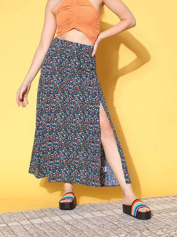 berrylush women navy blue & red floral printed high-rise waist side-slit flared a-line maxi skirt