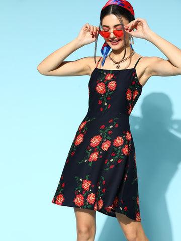 berrylush women navy blue & red floral printed square neck crepe flared a-line mini dress