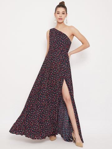 berrylush women navy blue floral one shoulder high slit maxi dress