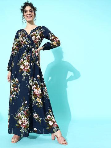 berrylush women navy blue floral printed crepe a-line maxi dress