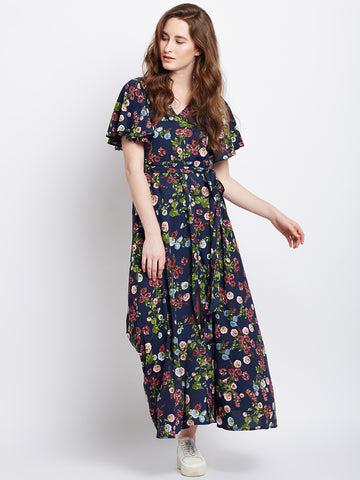 berrylush women navy blue floral printed v-neck waist tie-up flared maxi dress