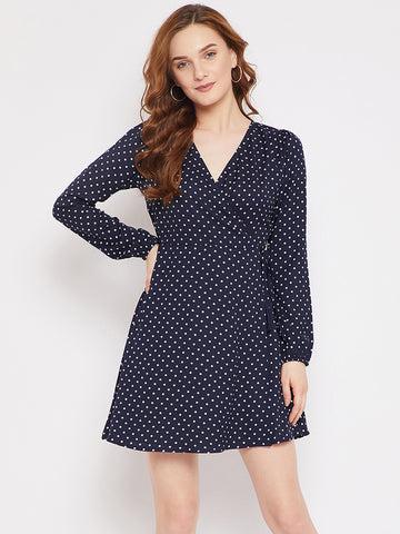 berrylush women navy blue polka dot printed v-neck waist tie-up fit & flare wrap mini dress