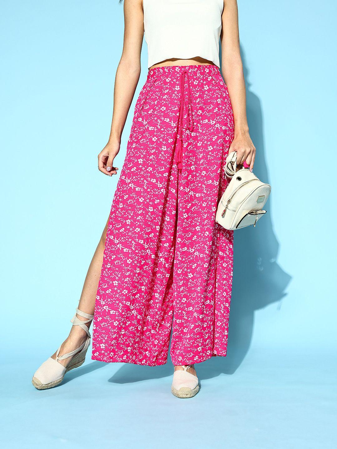 berrylush women pink floral print relaxed loose fit high-slit pleated trousers