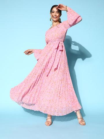 berrylush women pink floral printed self tie pleated bell sleeves georgette maxi dress