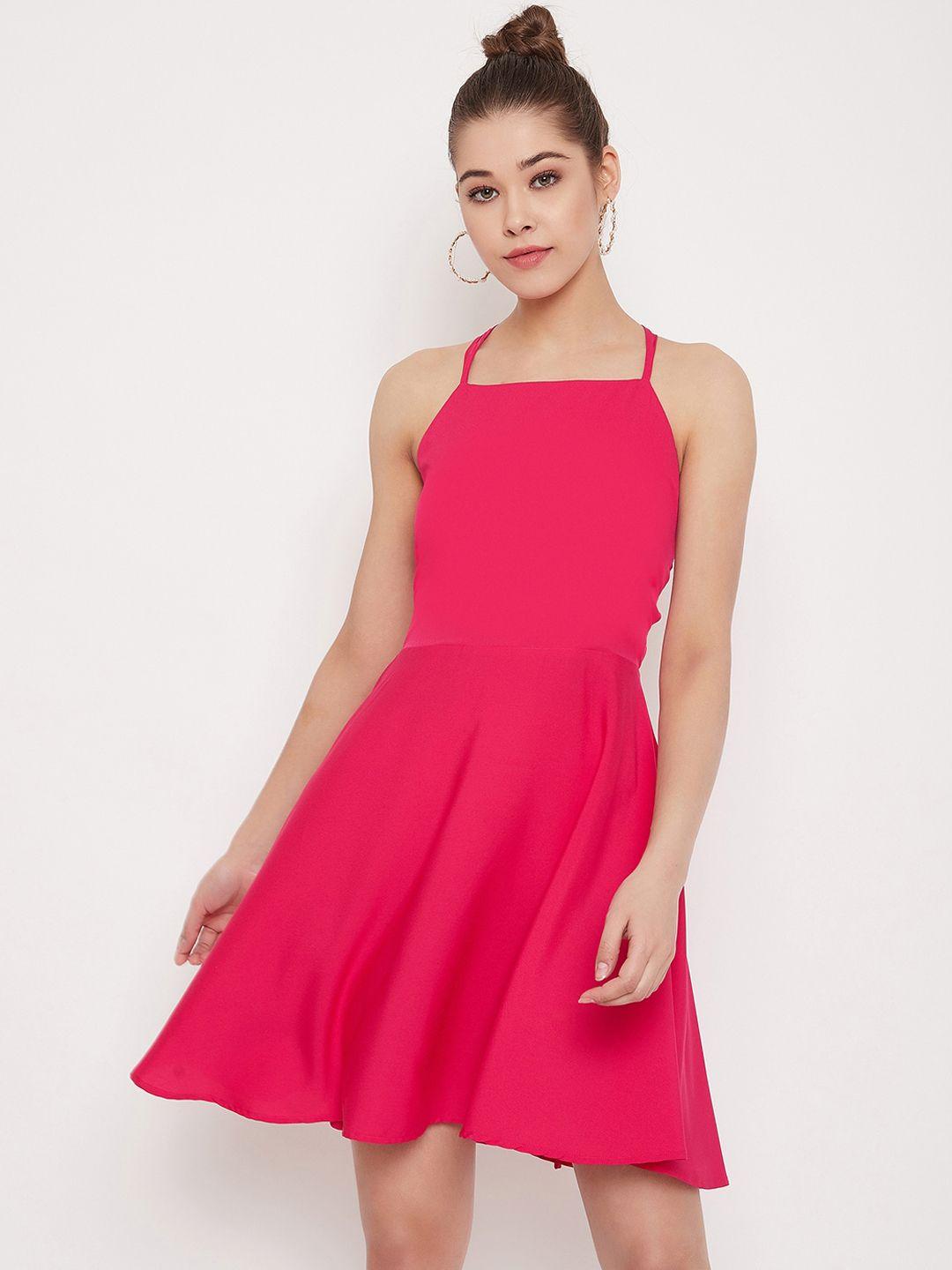 berrylush women pink solid fit and flare tied back dress