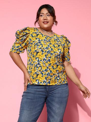 berrylush women plus size yellow & navy blue floral printed round neck crepe woven regular top