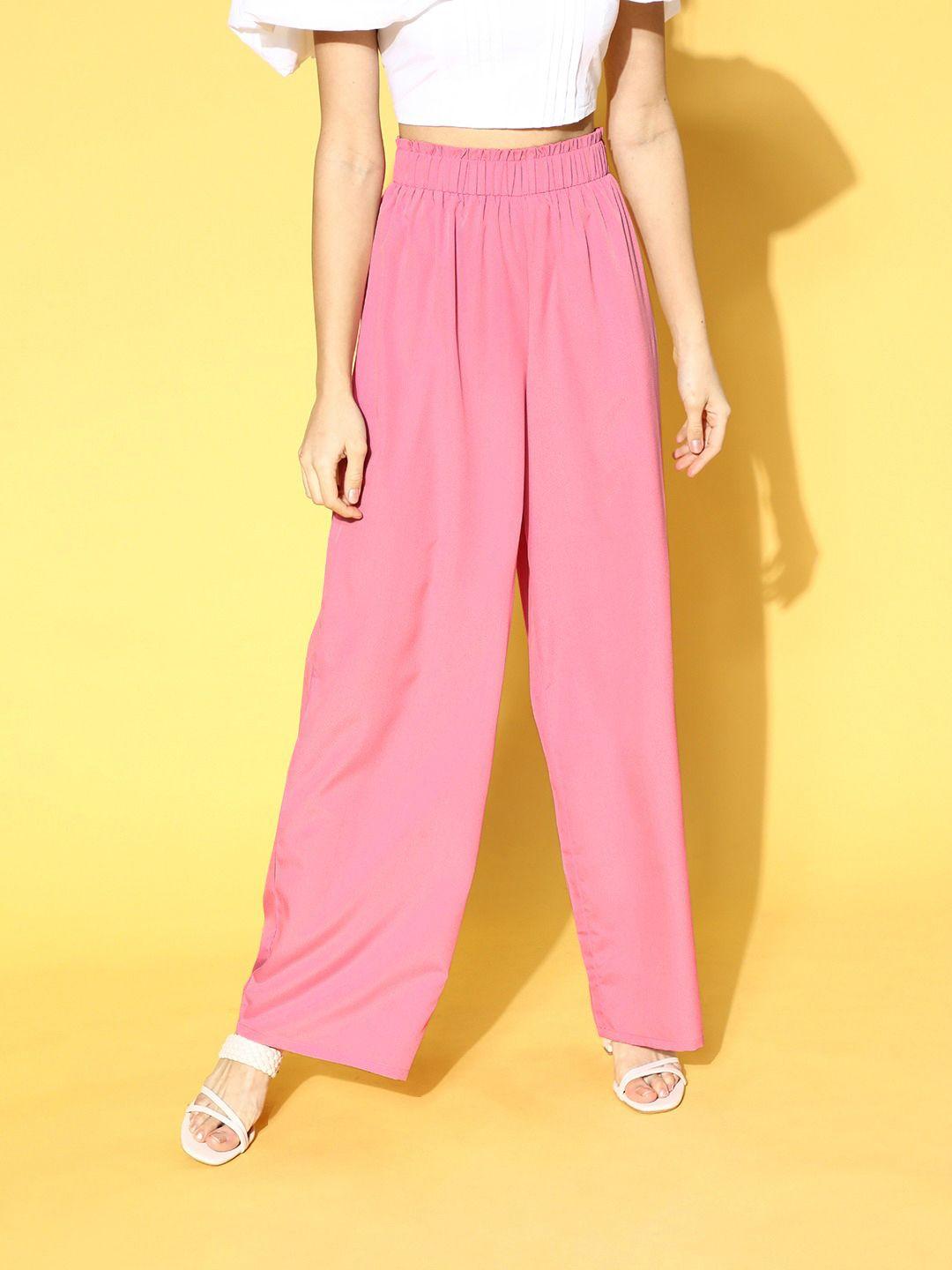 berrylush women pretty pink solid kick flare trousers