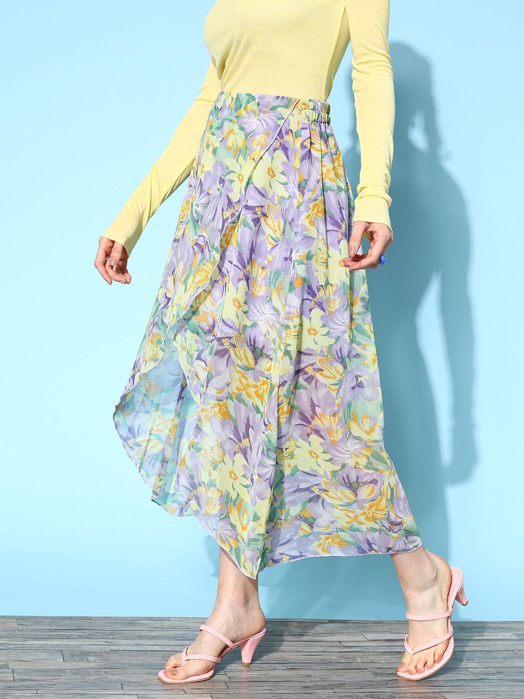 berrylush women purple & yellow georgette floral print tulip hem skirt