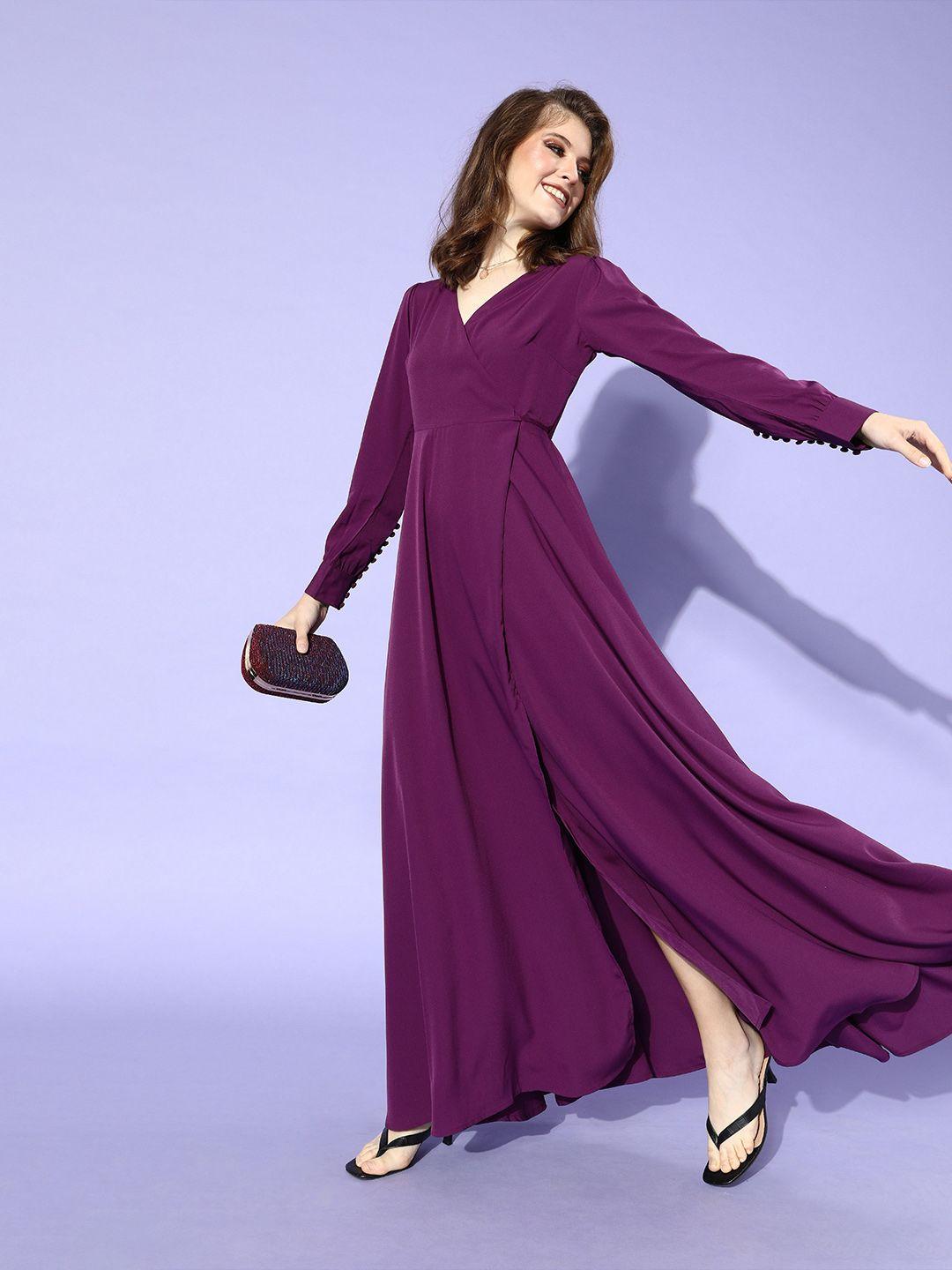 berrylush women purple solid bishop sleeves dress