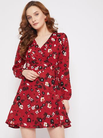 berrylush women red & black floral printed v-neck fit & flare wrap mini dress