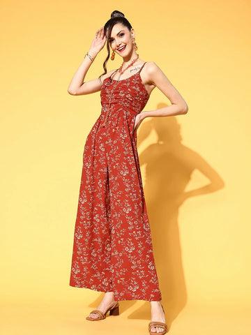 berrylush women red & off-white floral printed round neck sleeveless gathered jumpsuit