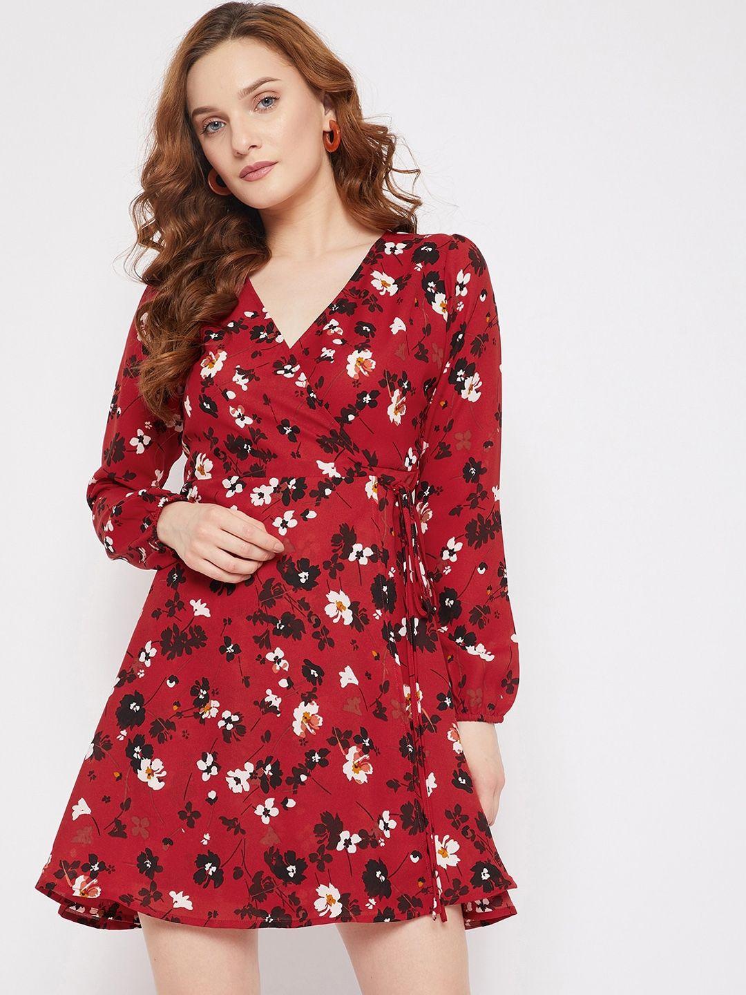 berrylush women red & white floral printed wrap dress