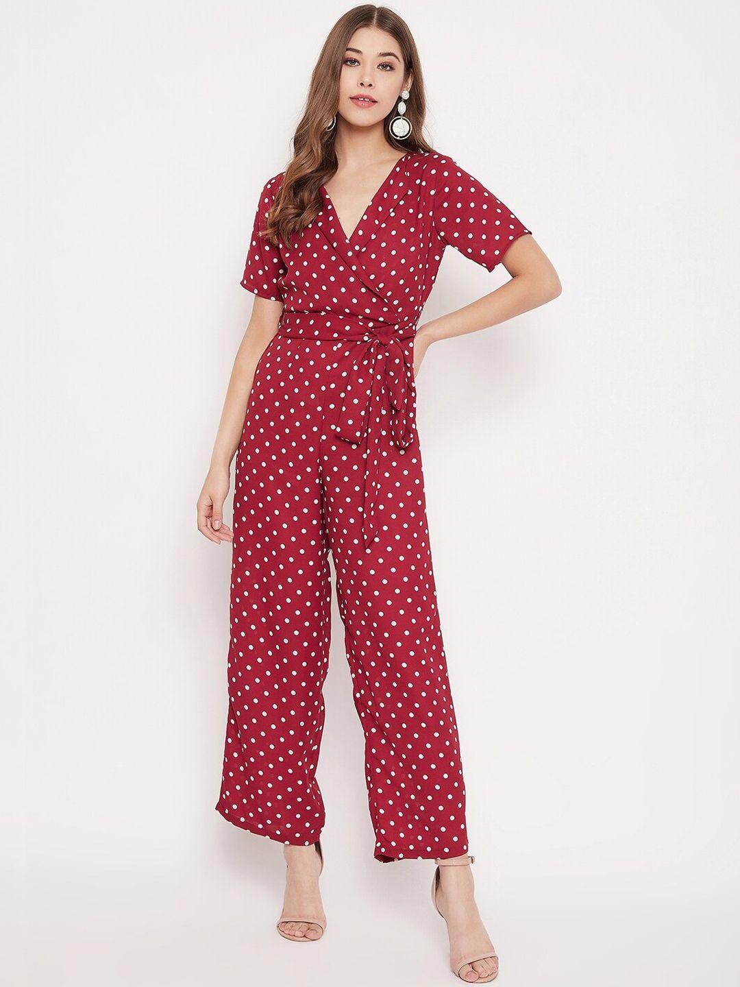 berrylush women red & white polka dot printed basic jumpsuit