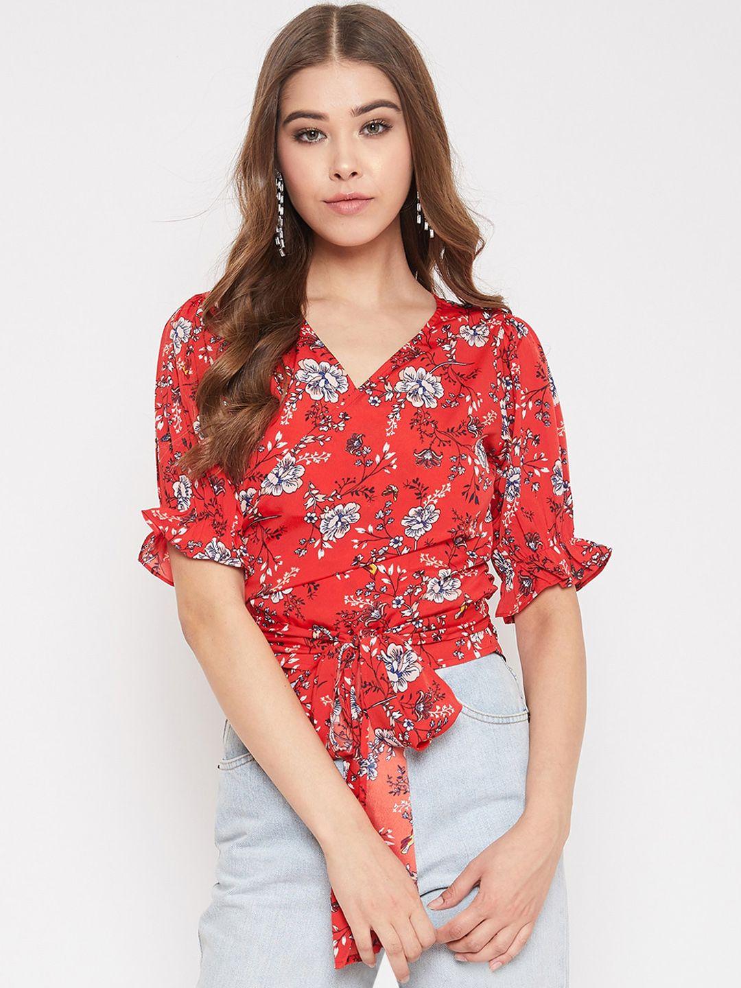 berrylush women red & white printed wrap top