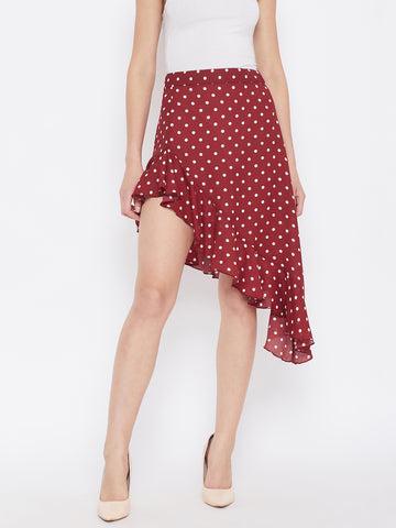 berrylush women red polka dot asymmetrical ruffled a-line midi skirt