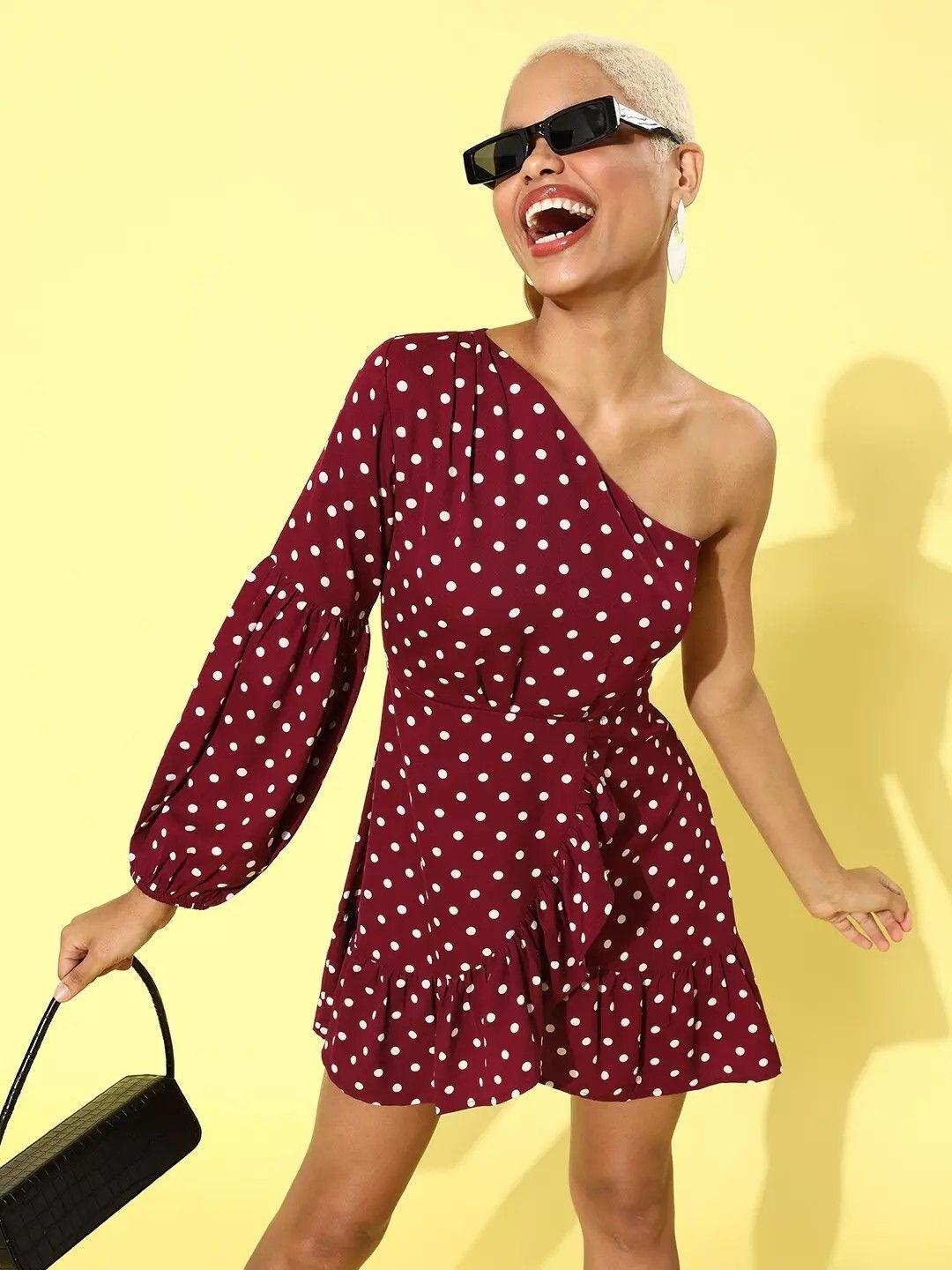 berrylush women red polka dotted one-shoulder dress