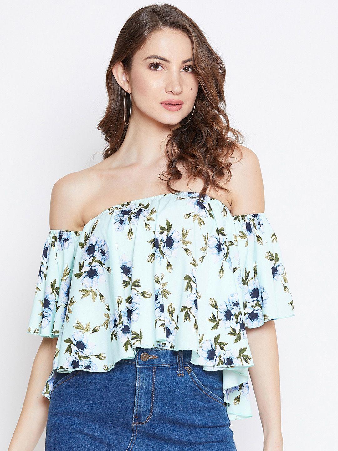 berrylush women sea green & blue floral printed bardot top