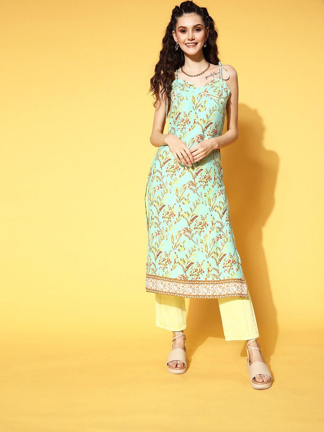 berrylush women sea green polyester print parade kurta