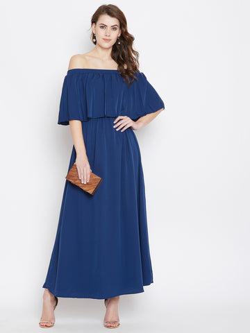 berrylush women solid blue off-shoulder neck three-quarter sleeve crepe flared maxi dress