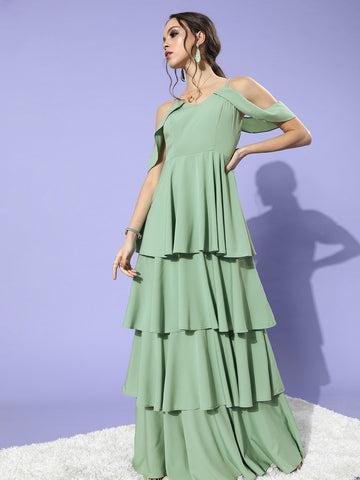 berrylush women solid green v-neck cold-shoulder flounce hem layered a-line maxi dress