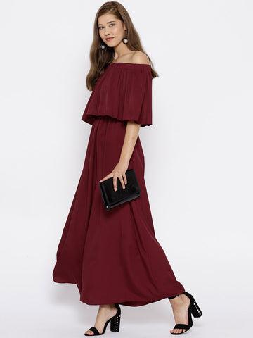 berrylush women solid maroon off-shoulder three-quarter sleeve crepe flared maxi dress