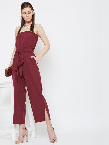 berrylush women solid maroon off-shoulder waist tie-up slited jumpsuit