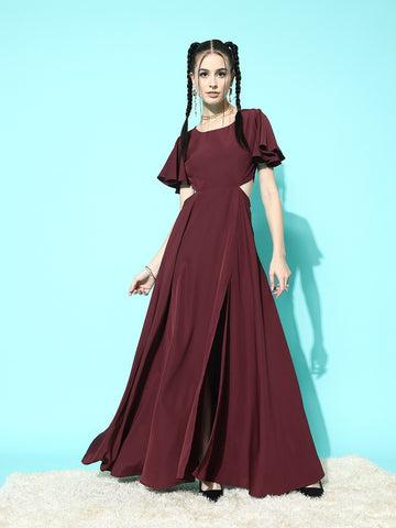 berrylush women solid maroon round neck cutout crepe thigh-high slit fit & flare maxi dress