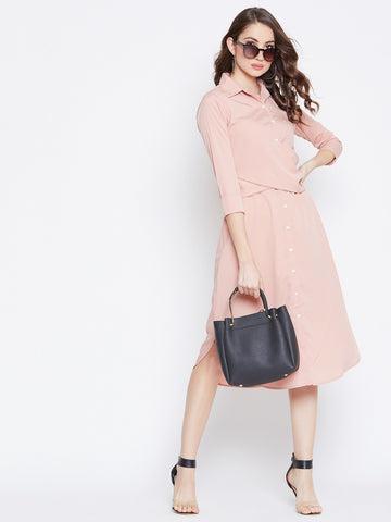 berrylush women solid pink collared neck button-up curved midi shirt dress