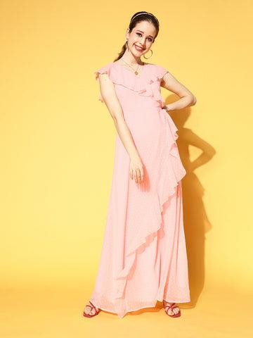 berrylush women solid pink dobby weave v-neck waist tie-up flared wrap maxi dress