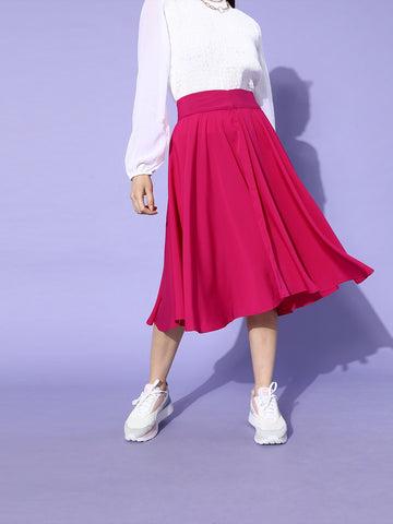 berrylush women solid pink flared a-line midi skirt