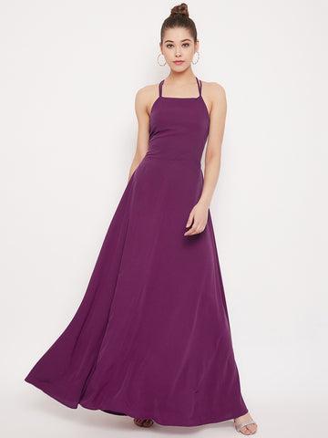 berrylush women solid purple caged back halter neck maxi dress