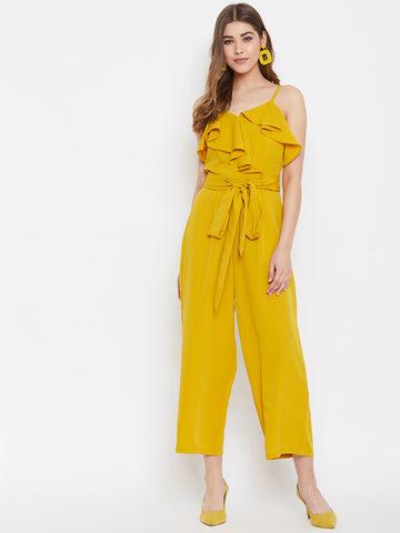 berrylush women solid yellow waist tie-up ruffled jumpsuit