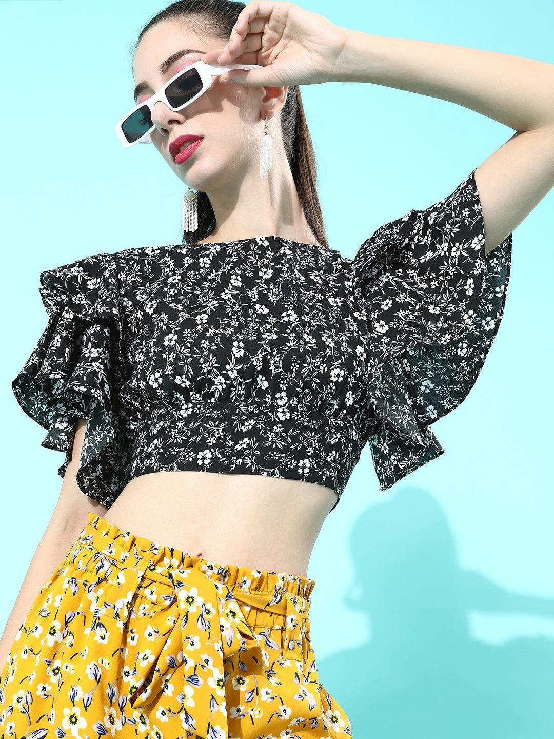 berrylush women stylish black floral cropped top