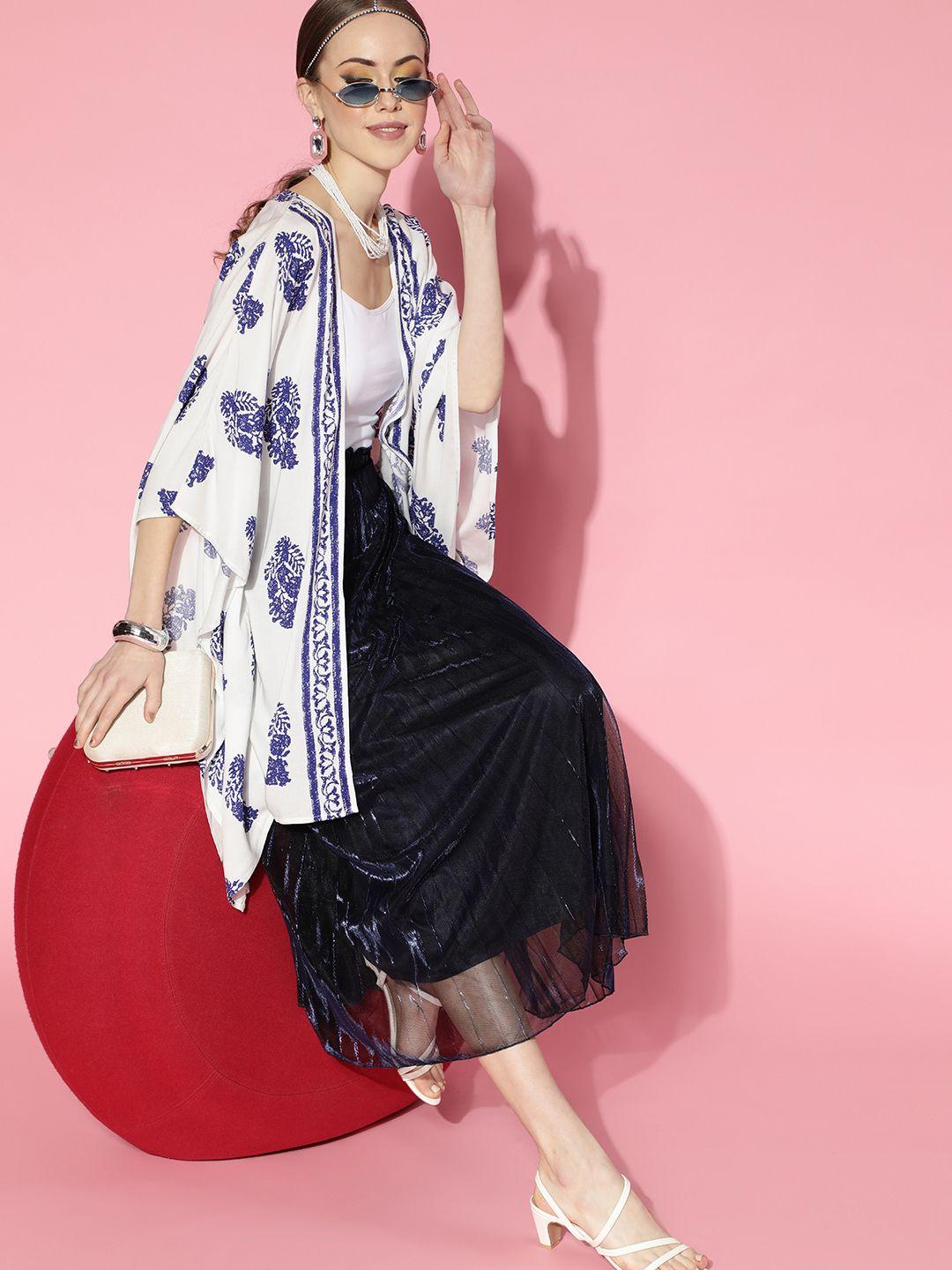 berrylush women white & blue printed open front kimono shrug