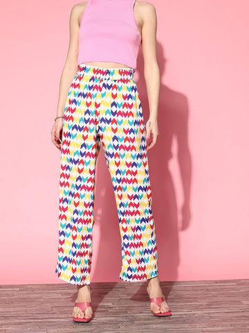 berrylush women white & multicolour geometric printed high-rise waist slip-on relaxed regular trousers