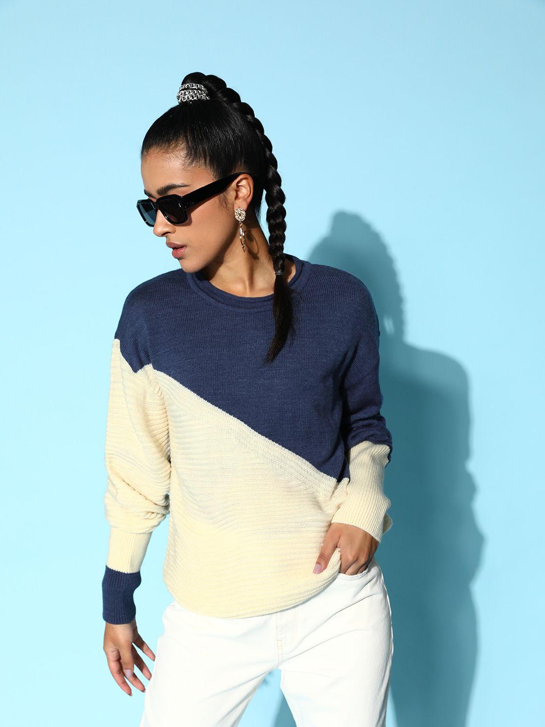 berrylush women white & navy blue colourblocked drop-shoulder sleeves acrylic pullover