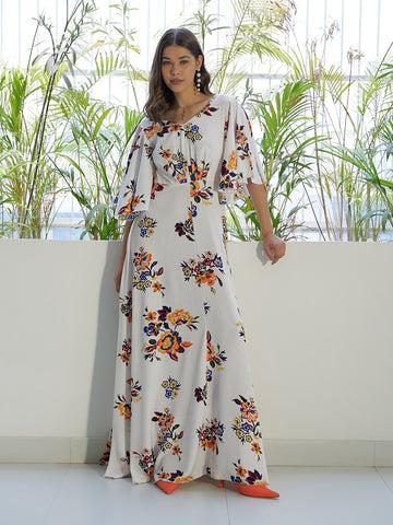 berrylush women white & orange floral printed v-neck bell sleeves flared maxi dress