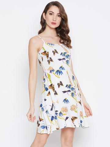 berrylush women white floral & butterfly printed square neck fit & flare mini dress