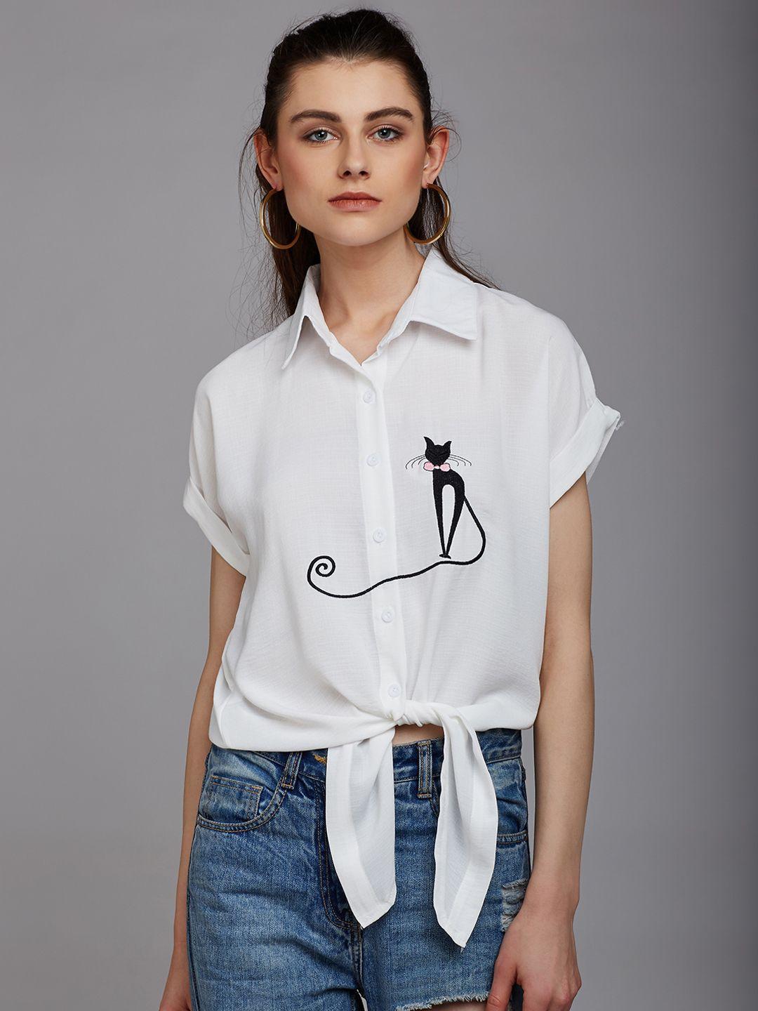berrylush women white regular fit casual shirt with embroidered detail