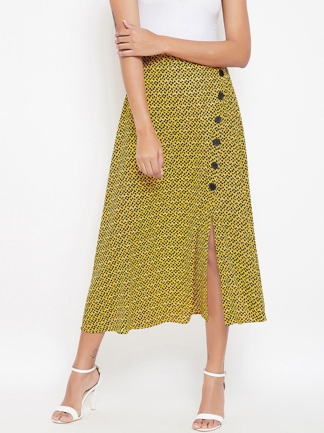 berrylush women yellow & black printed a-line midi skirt