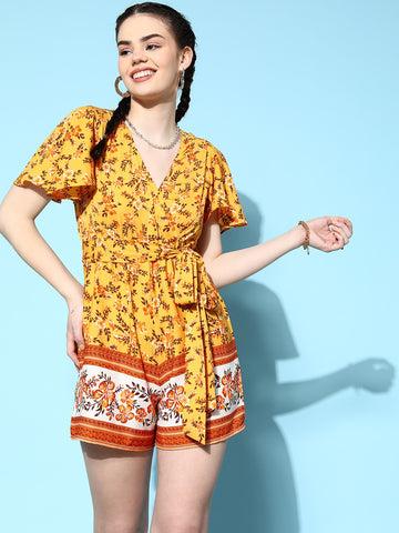 berrylush women yellow & orange floral printed v-neck waist tie-up wrap mini playsuit