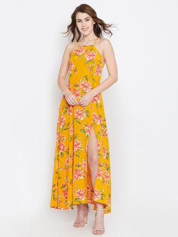 berrylush women yellow & red floral printed square neck thigh-high slit flared maxi dress