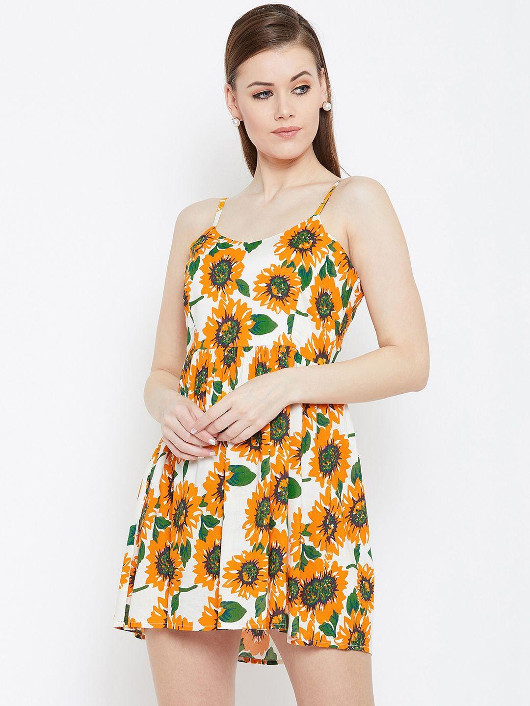 berrylush women yellow & white floral print fit and flare dress