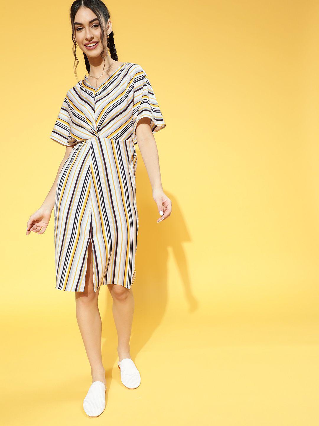 berrylush women yellow & white striped a-line dress with a front slit