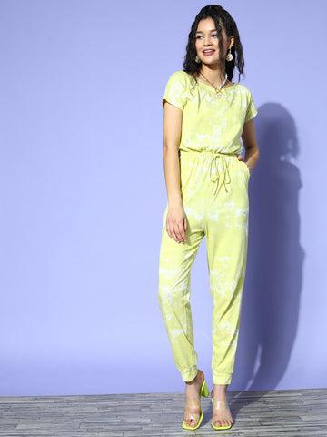 berrylush women yellow & white tie-dye printed round neck two-pocket tie-up waist cotton regular jumpsuit