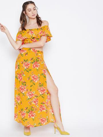 berrylush women yellow floral printed off-shoulder co-ordinate maxi dress