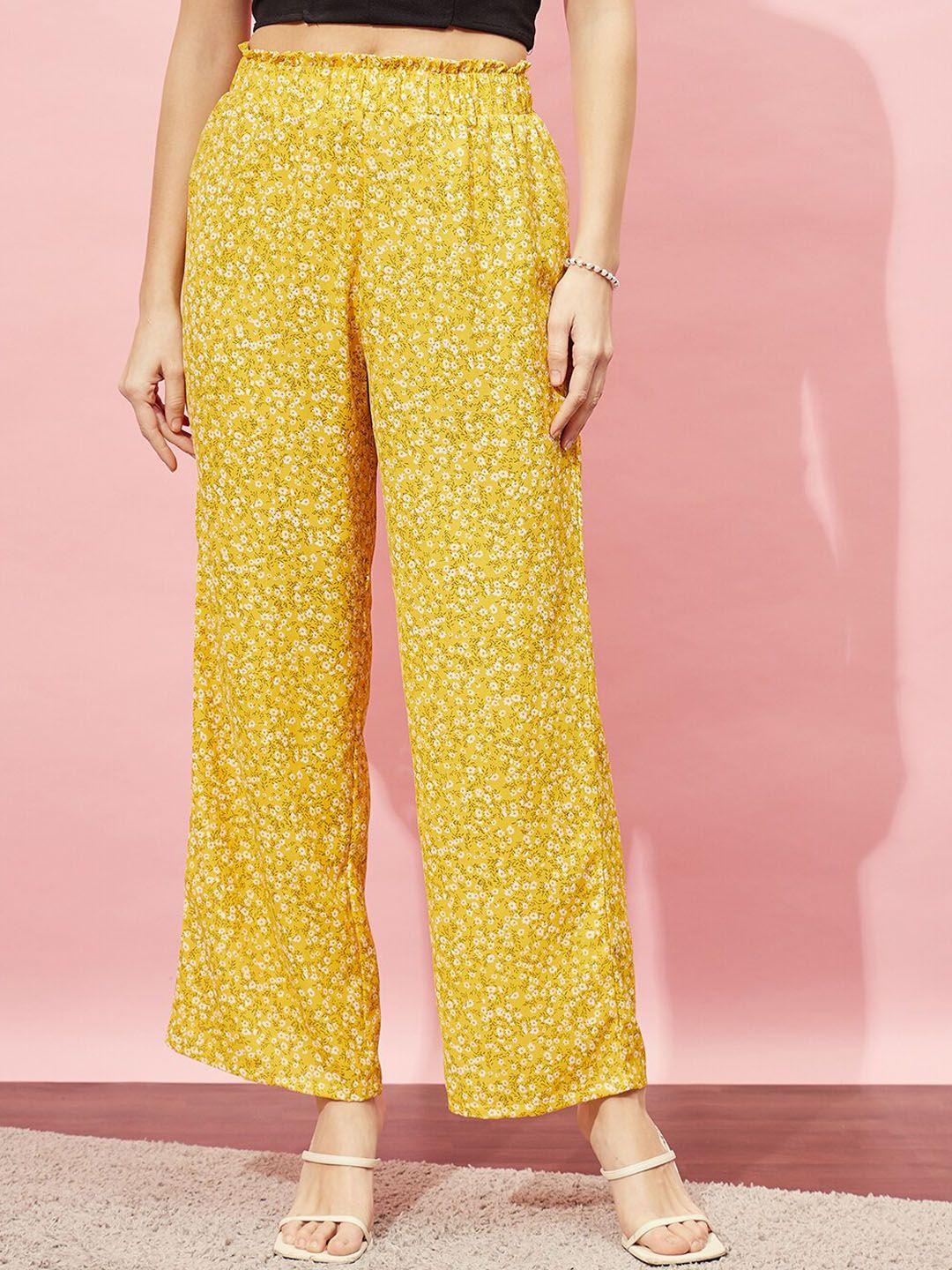 berrylush women yellow floral printed relaxed straight leg high-rise parallel trouser
