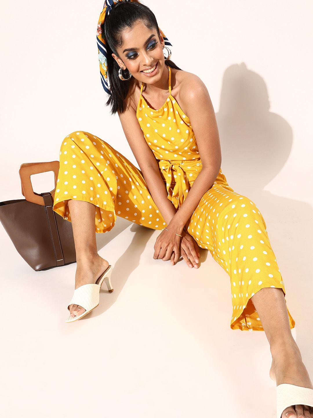 berrylush women yellow printed polka dotted jumpsuit